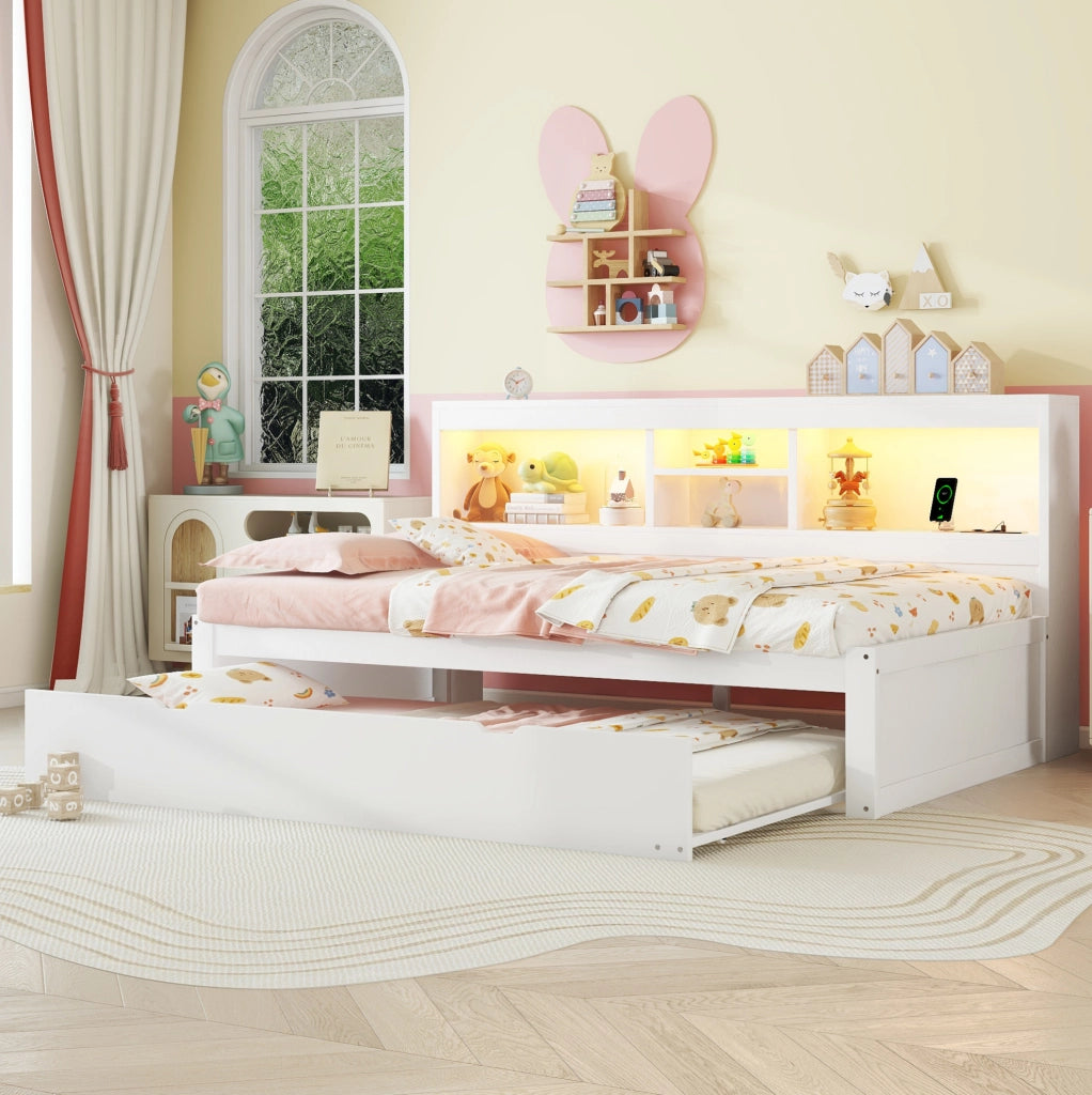 Letto singolo 90x200 cm con letto estraibile, LED e USB