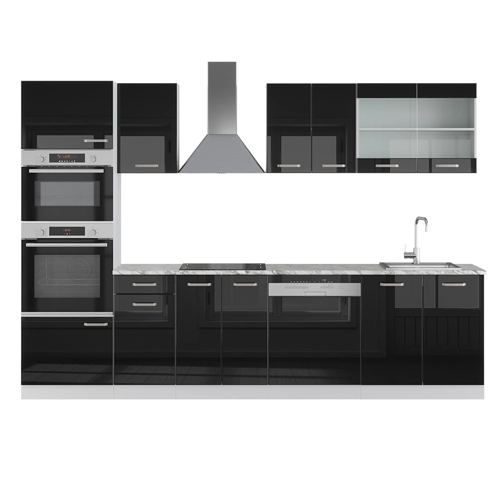Vicco Cucina componibile Nero lucido/bianco 300 cm con armadio alto, senza piano di lavoro