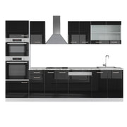 Vicco Cucina componibile Nero lucido/bianco 300 cm con armadio alto, senza piano di lavoro