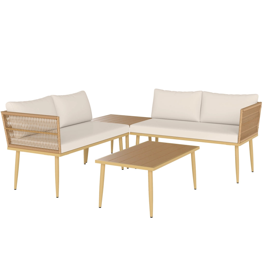 Set Salotto da Esterno in Rattan PE con 2 Divani a 2 Posti con Cuscini e 2 Tavoli da Caff¨¨, Colore Legno