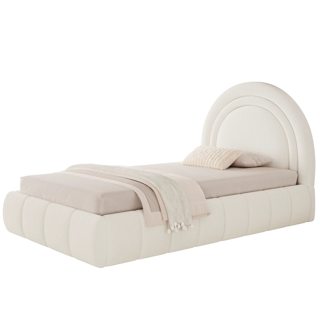 Letto per bambini imbottito 90x200 cm con rete a doghe, contenitore idraulico, bouclé beige
