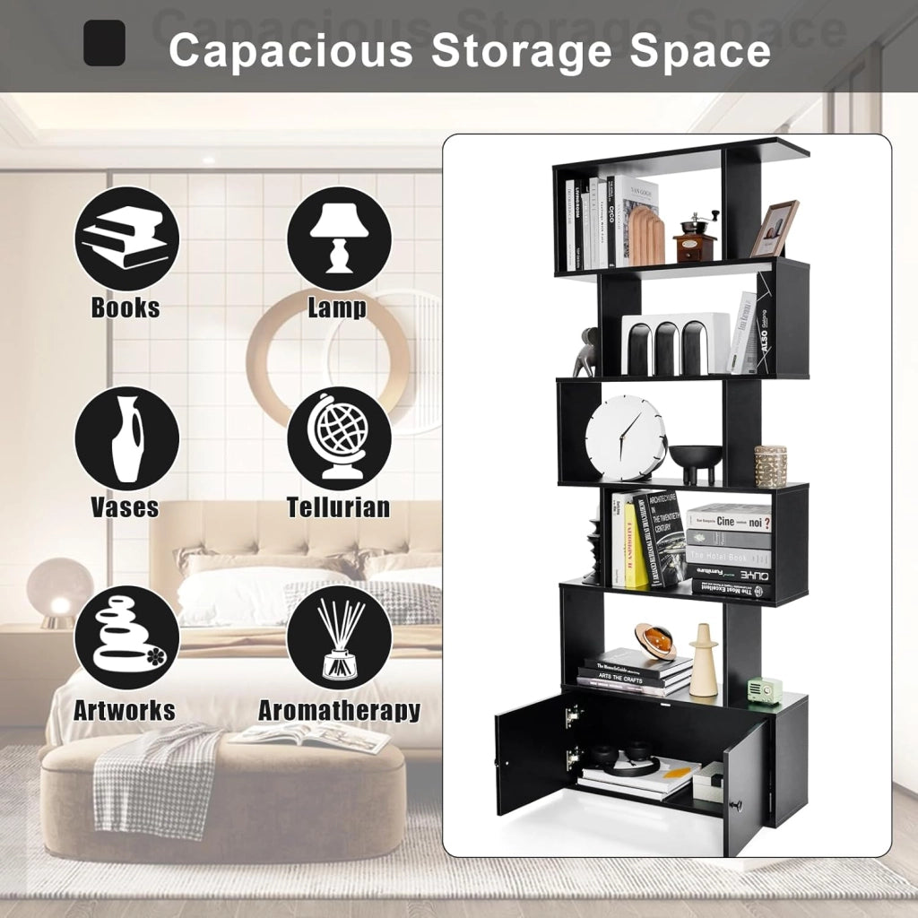 Libreria Scaffale a 5 Livelli, Libreria Verticale, Divisorio per Stanza, Armadietto con 2 Ante, Scaffale Salvaspazio e Multiuso per Soggiorno, Camera da Letto, 70 x 23 x 183 cm (Nero)