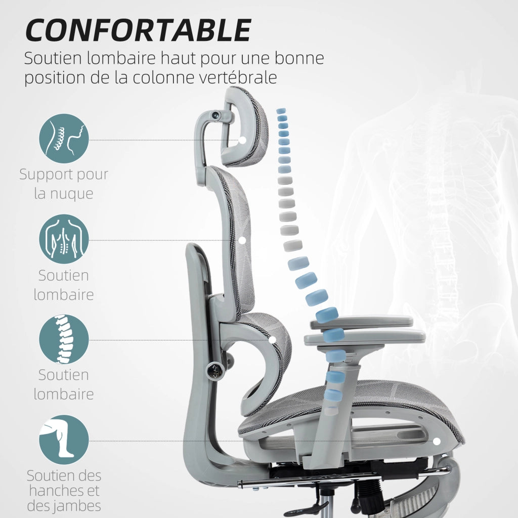 Sedia da ufficio ergonomica con schienale in rete e braccioli 3D ¨C zephmum ¨C grigio 66x64x122 cm