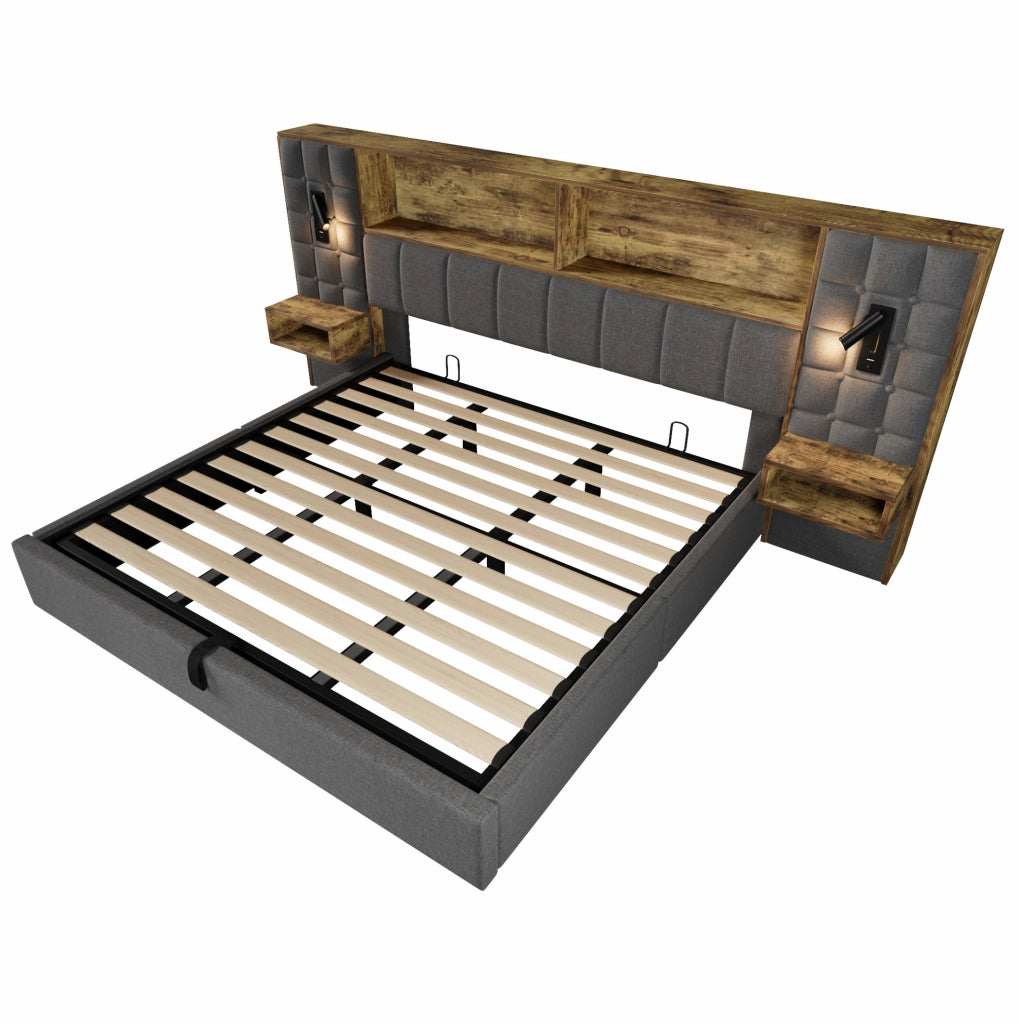 Letto matrimoniale 180x200 cm con contenitore; LED; USB e Type-C; comodini integrati; lino grigio