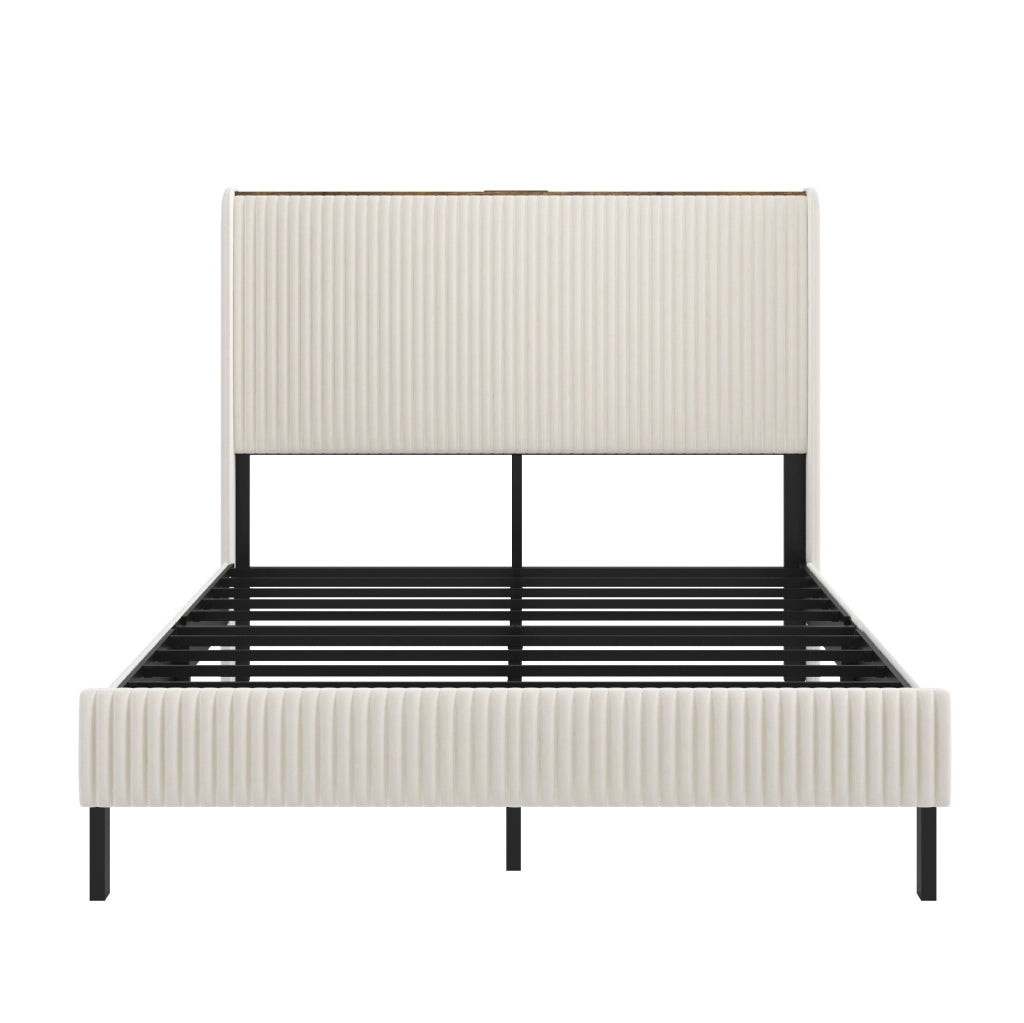 Letto imbottito 180x200 cm con struttura metallica silenziosa in velluto a coste beige e crema