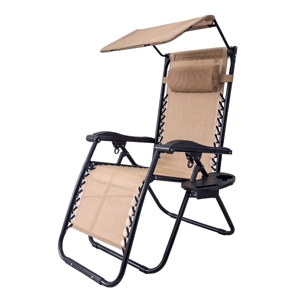 Sedia Sdraio 0 Gravità Pieghevole Professionale con Tettuccio Parasole e Poggiapiedi in Acciaio e Textilene – Reclinabile con Cuscino e Porta Bevande, Ideale per Giardino, Piscina e Campeggio Beige