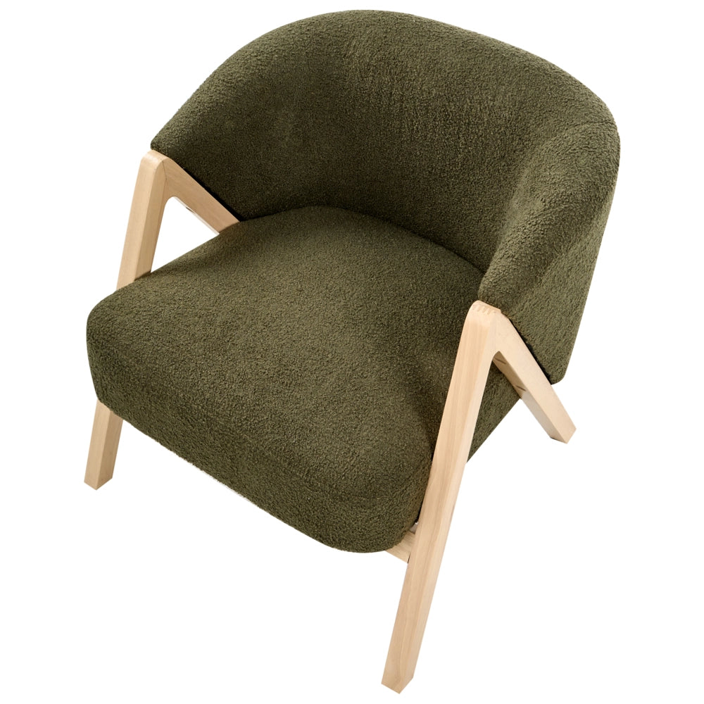 Poltrona verde scuro in tessuto bouclé con gambe in legno, design moderno, per soggiorno e camera da letto