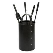 Porta attrezzi camino tondo ecopelle nera 4 accessori h.62 d. 21 cm.  Made in Italy