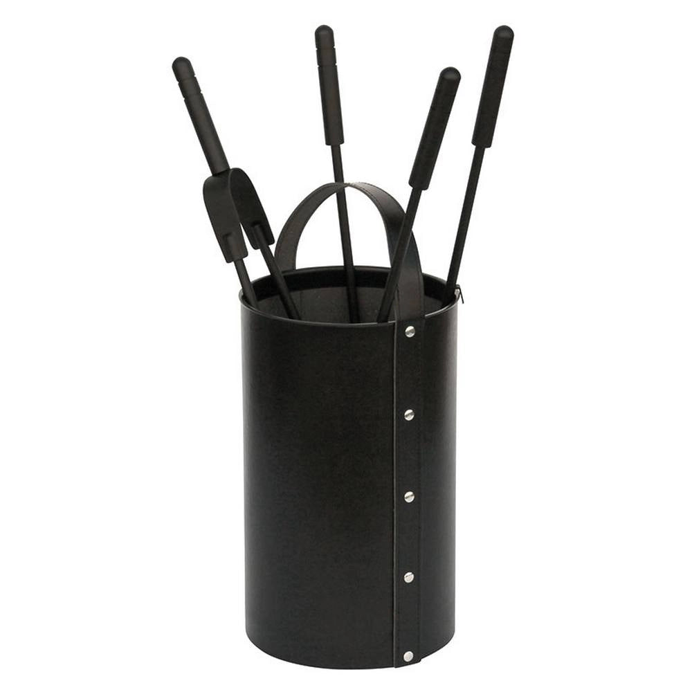 Porta attrezzi camino tondo ecopelle nera 4 accessori h.62 d. 21 cm.  Made in Italy