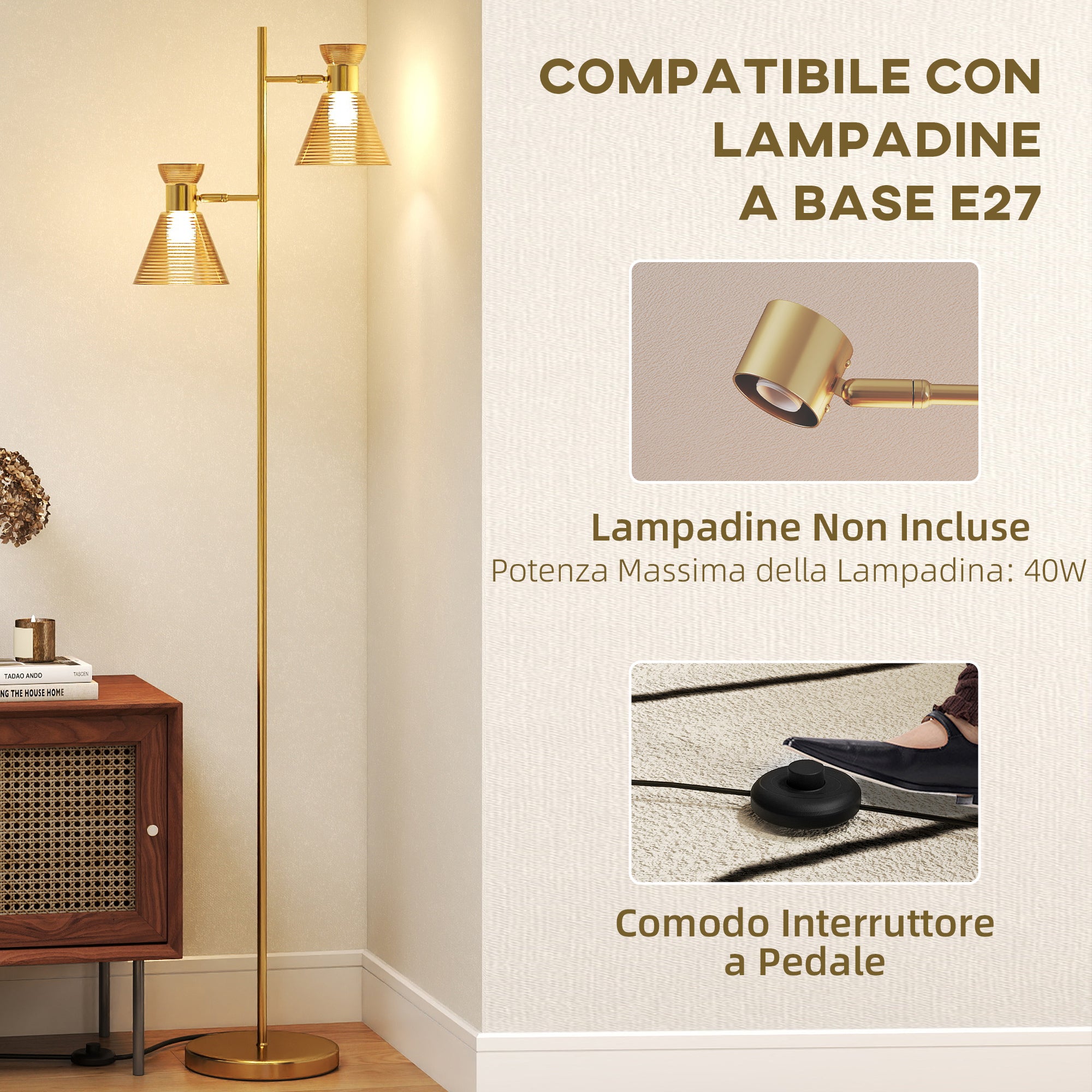 Lampada da Terra Moderna con 2 Luci Orientabili Interruttore a Pedale Oro
