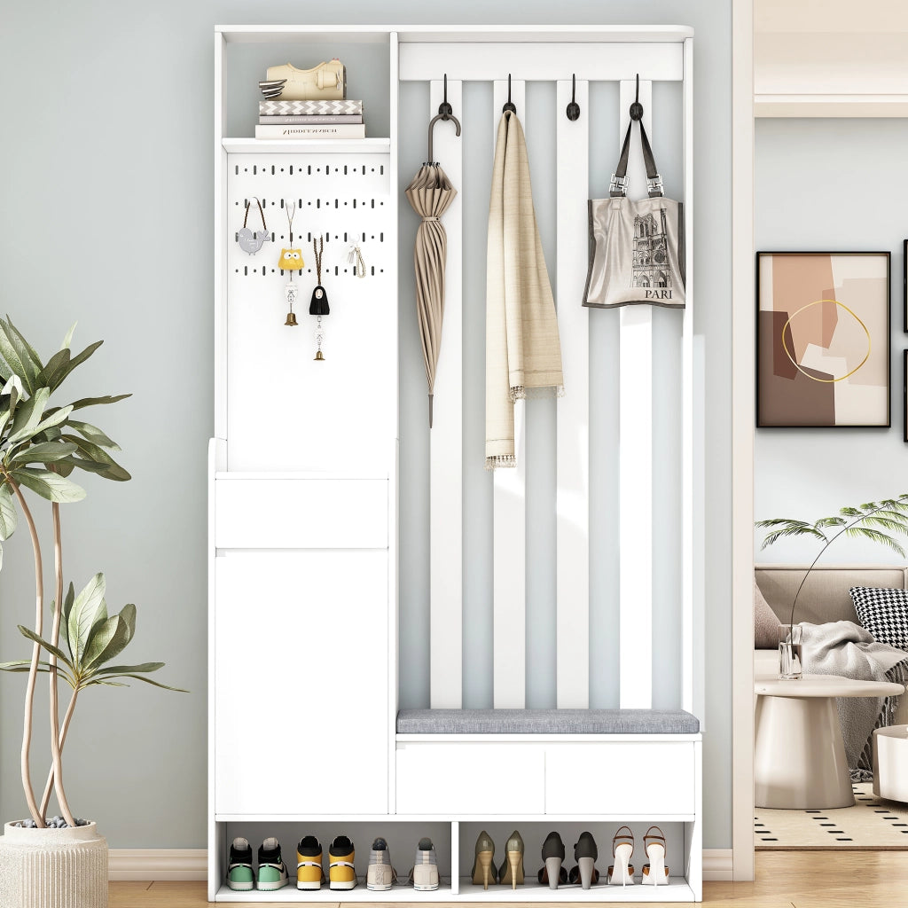 Mobile Ingresso con Panca Imbottita; Pannello Forato; 1 Anta; 1 Cassetto e 4 Ganci; in MDF; Bianco; 100??35??180 cm