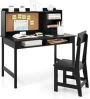 Set Scrivania e Sedia per Bambini, Tavolo per Studenti in Legno con Bacheca in Sughero, Cassetto, Pensile con Ripiani Aperti, Postazione Computer per Bambini per Studio e Lettura (Nero)