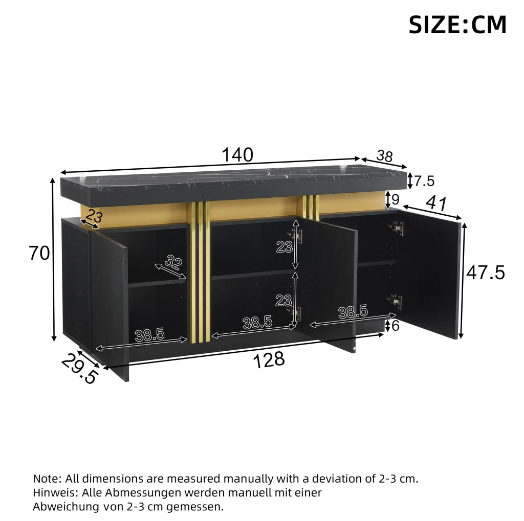 Credenza 140x38x70 cm nera e oro in pannello truciolare, 3 ante