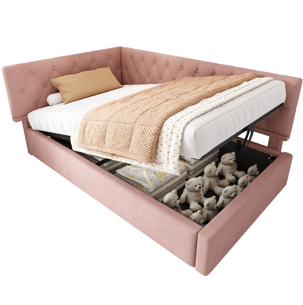 Letto imbottito 90x200 cm con contenitore idraulico; velluto rosa; senza materasso