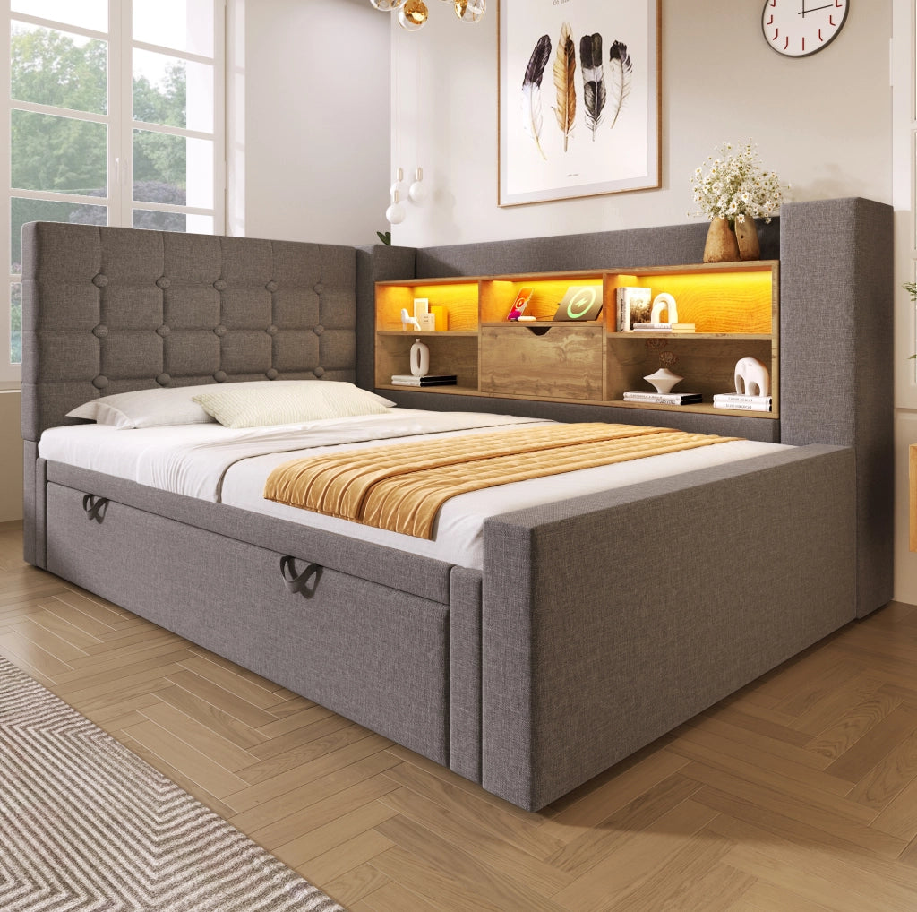 Letto imbottito con letto estraibile, LED e USB