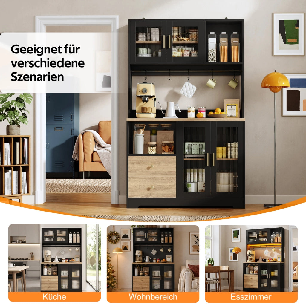 ARMADIO CUCINA Alto 110x40x178 cm MDF Nero con LED e vetri temperati