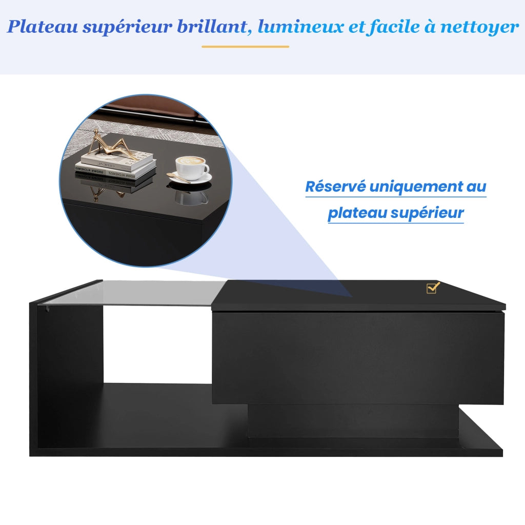 Tavolino da salotto con 1 cassetto e LED; piano lucido con vetro; per soggiorno; in truciolare; 100 × 50 × 32 cm; Nero