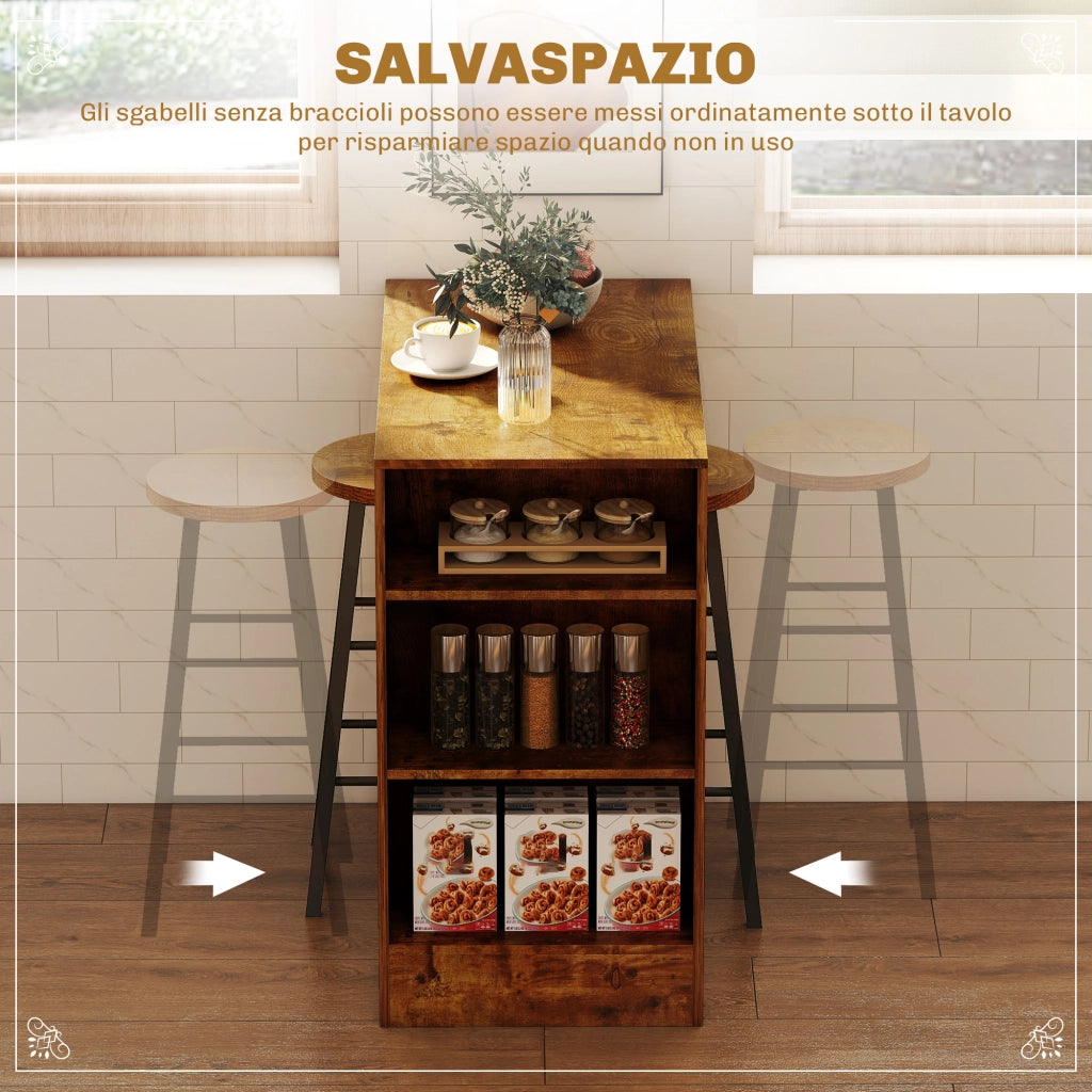 Set da Pranzo con Bancone Bar con 3 Ripiani e 2 Sgabelli Alti con Poggiapiedi Stile Industriale, Marrone