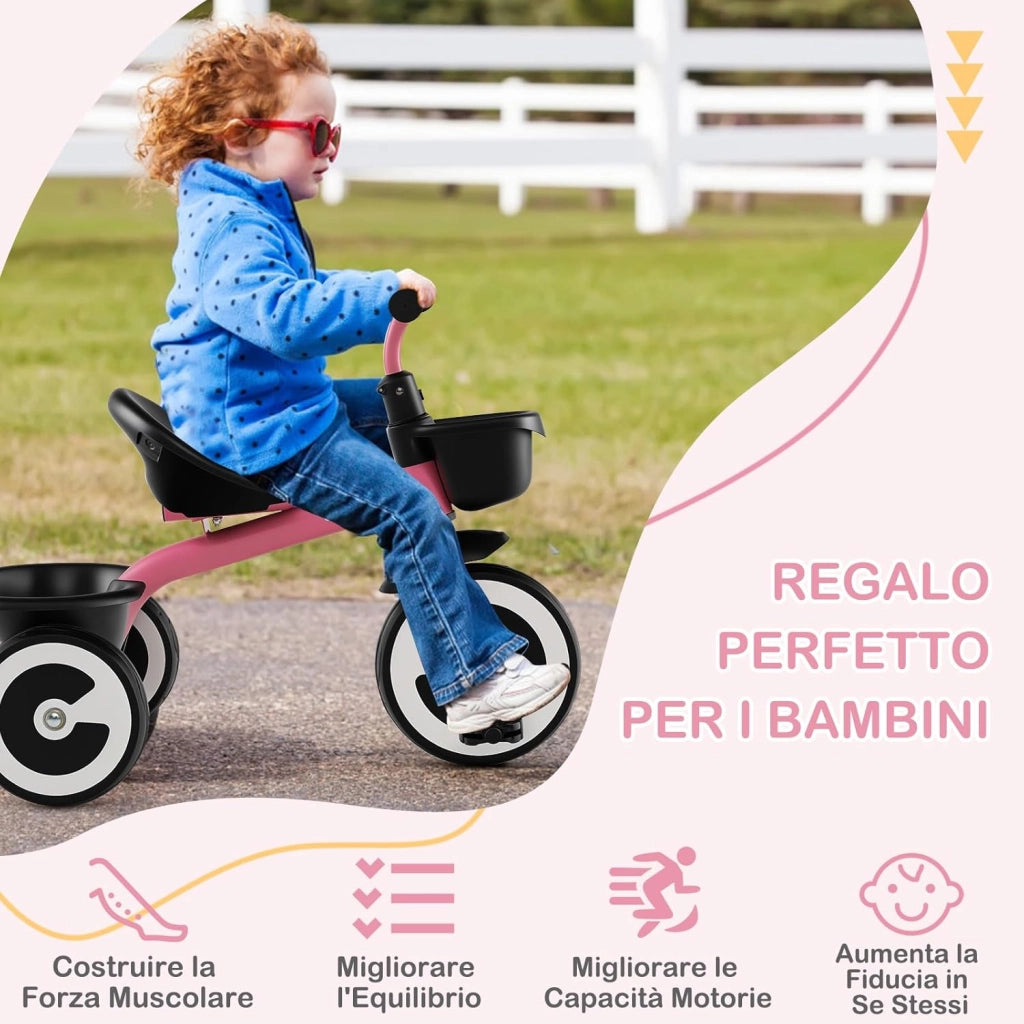 Triciclo per Bambini, Trike con Sede Regolabile Cestini Anteriori e Posteriori, Bicicletta a 3 Ruote con Telaio in Ferro Carbonioso di Alta Resistenza, per Bambini 1,5-5 Anni (Rosa)