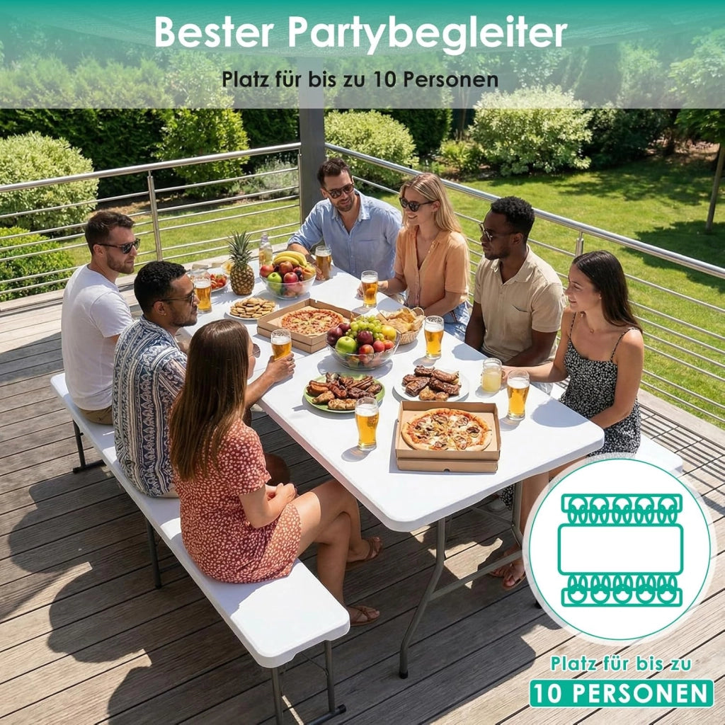 Tavolo da Giardino Pieghevole 180x75 cm,Tavolo da Buffet con Impugnatura di Trasporto,Tavolo Pieghevole in HDPE Plastica per 10 Persone, Bianco,Tavolo da Campeggio Tavolo Feste