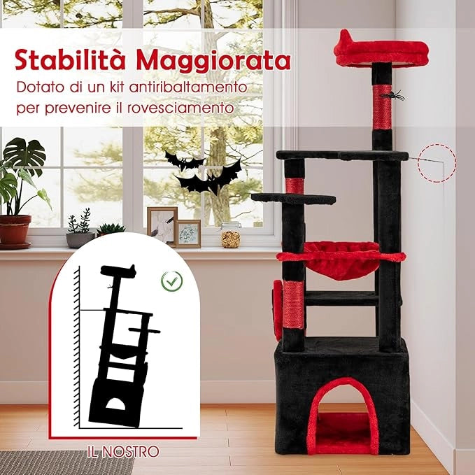 Tiragraffi per Gatto Alto 133 cm Stile Gotico Vampiro, Albero Tiragraffi Gatti con Pali a Corda in Juta, Amaca e Grotta, Cuccia Albero Gatto Rivestito con Giocattolo Ragno, Rosso e Nero