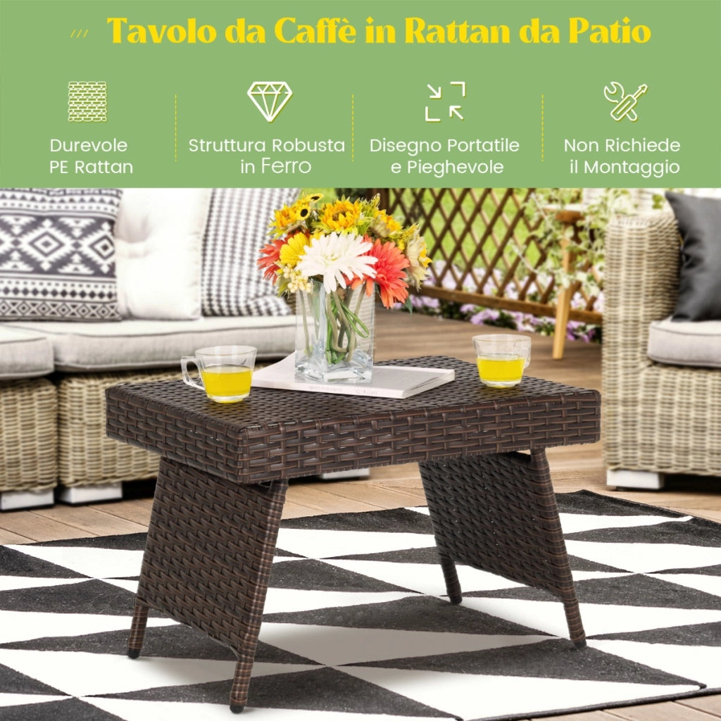Tavolino da caffè in vimini pieghevole con cuscinetti antiscivolo-Tavolino da esterno per piscina cortile balcone