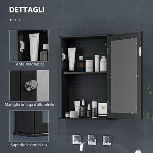 Mobile da Bagno Pensile con Specchio e Anta a Chiusura Magnetica 41x14x60 cm Nero