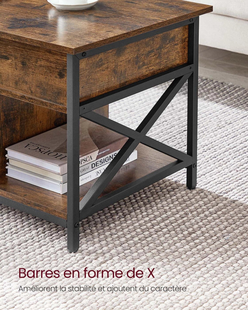 Tavolino da caffè con piano sollevabile vano portaoggetti nascosto e scomparti aperti struttura in acciaio 50 x 100 x 62 cm marrone rustico e nero 12_0007491