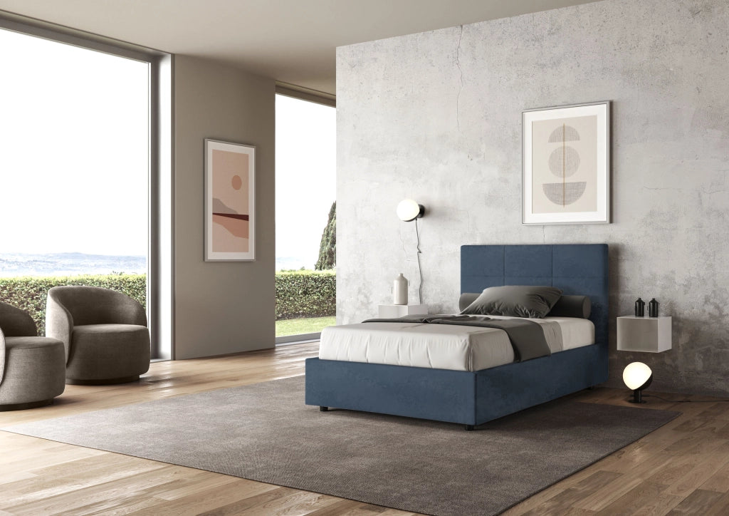 BS COM Letto una piazza e mezza senza rete imbottito 120x190 microfibra blu