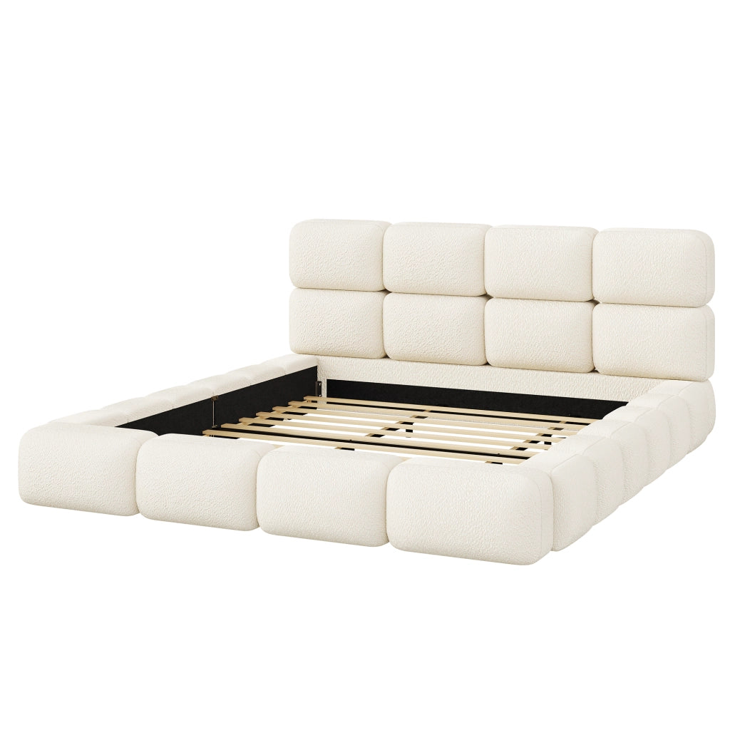 Letto Matrimoniale 180x200 cm; Testiera Imbottita; Bouclé Bianco