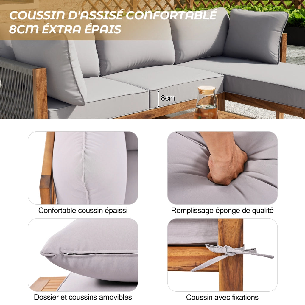 2 Divani 2 Posti e Tavolino da Giardino; Legno di Acacia e Corda Intrecciata; Grigio