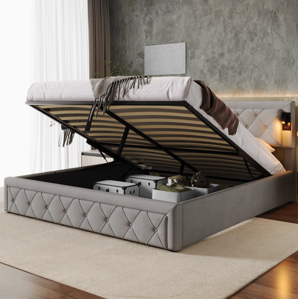 Letto contenitore con LED e USB; rete a doghe in legno; lino grigio