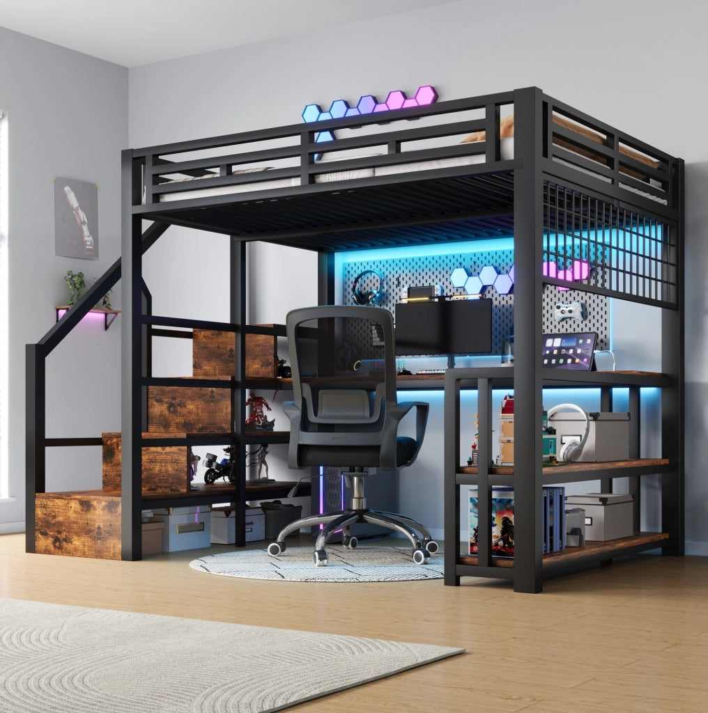 Letto a soppalco ULEVR 140x200 cm con scrivania, LED, USB e contenitori, metallo e MDF nero