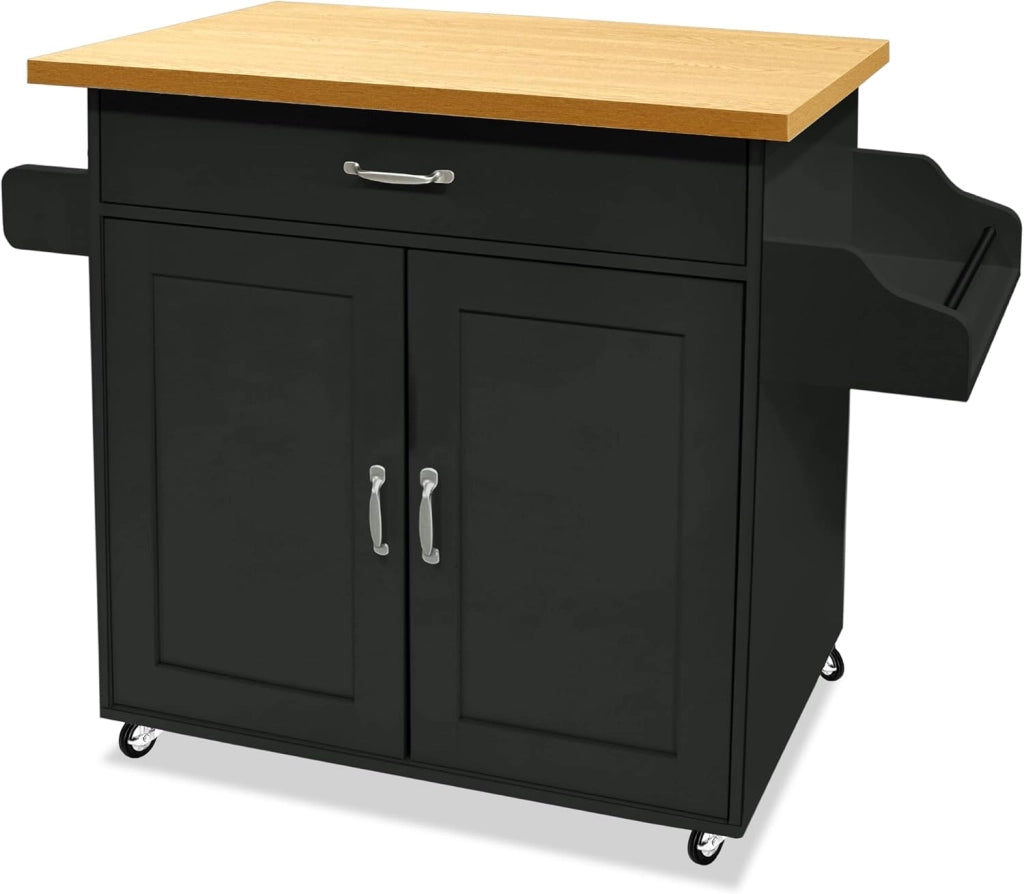 Carrello da cucina nero con ruote e piano di lavoro, carrello da cucina, isola in legno, con portasciugamani e portaspezie, mobile da cucina, carrello da cucina, 115 x 90 x 36 cm