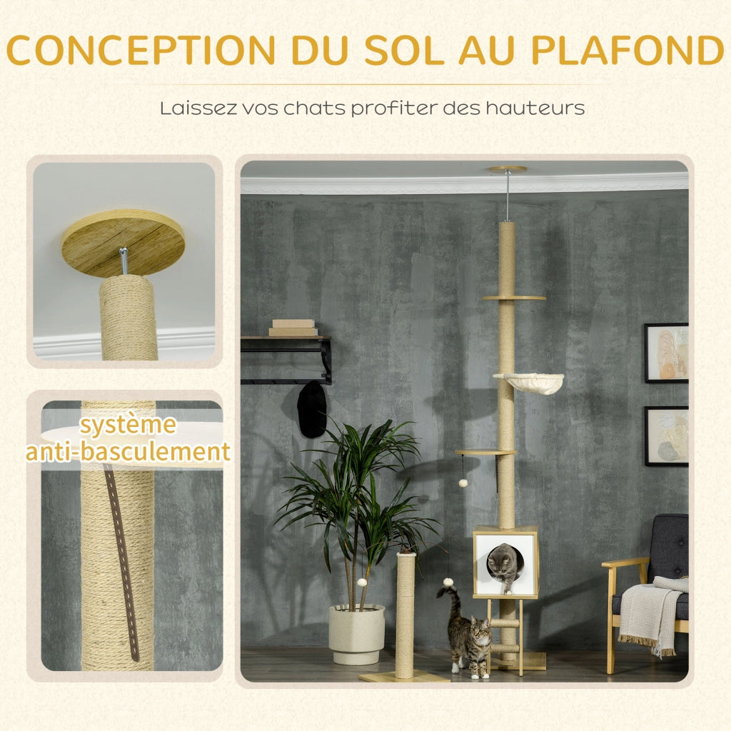 Albero tiragraffi per gatti con piolo raschietto 4 livelli ¨C zephmum ¨C beige 225-285 cm