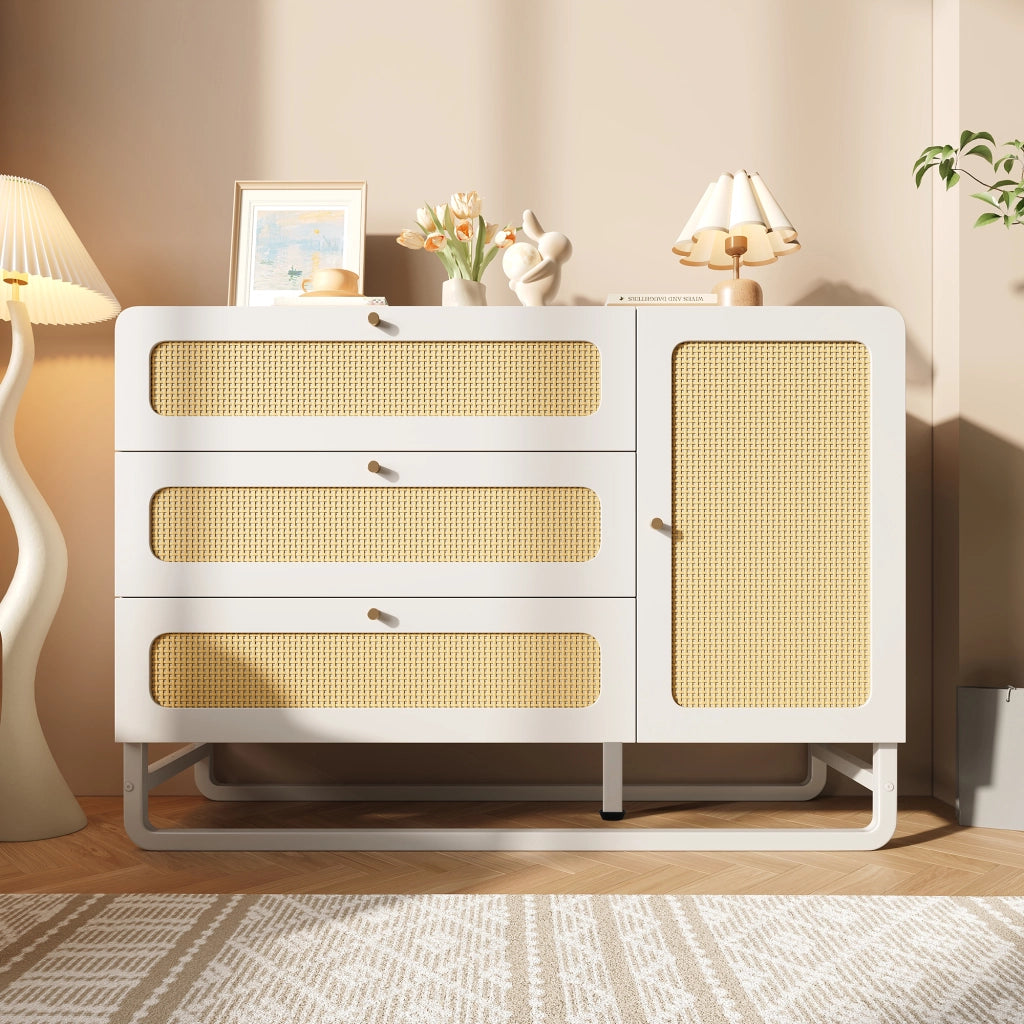 Credenza con 3 cassetti e anta con ripiani regolabili in MDF e metallo bianco 120 × 40 × 85 cm