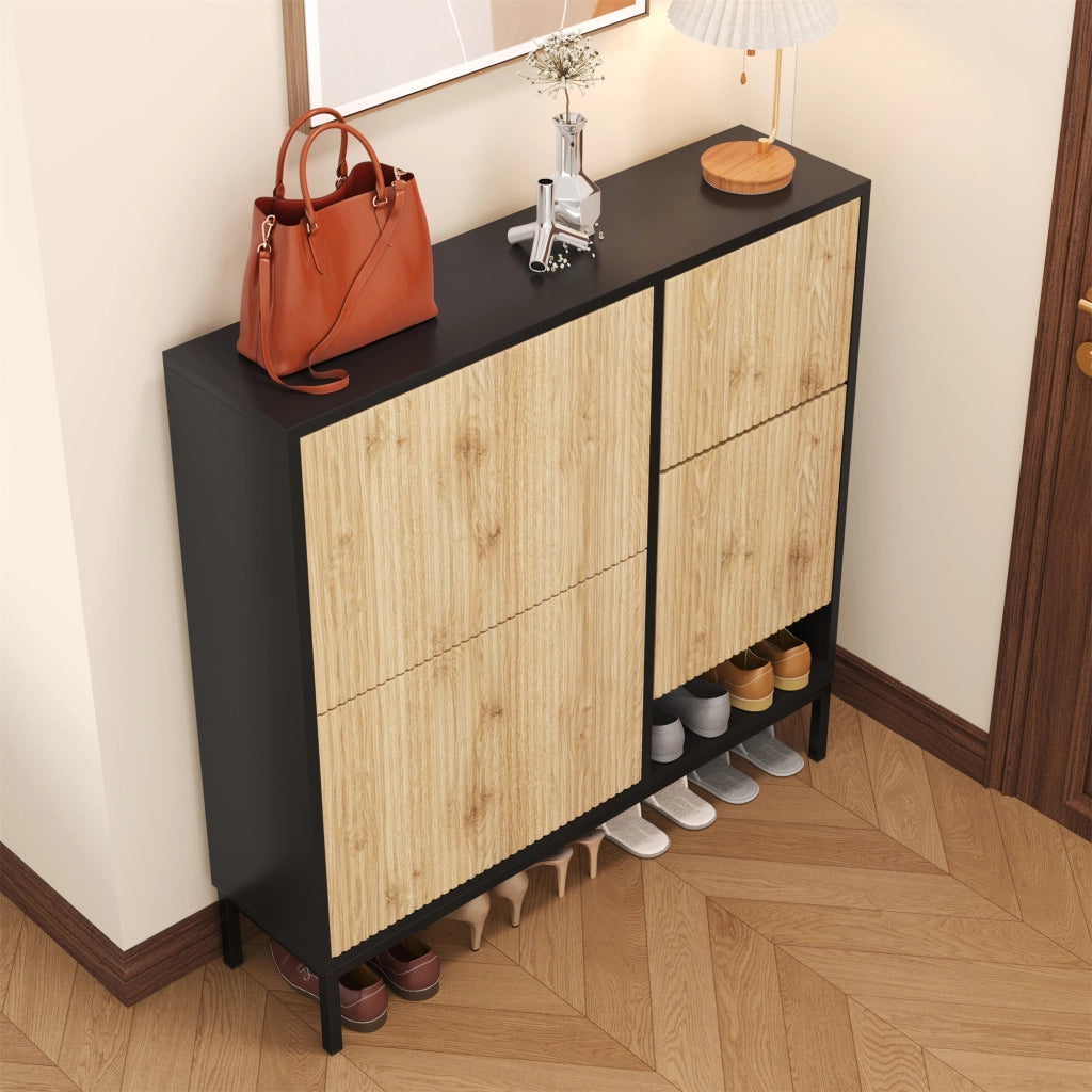 Scarpiera con panca estraibile e ripiani doppi in MDF, vano aperto, per ingresso, nero e naturale 100 × 100 × 25 cm