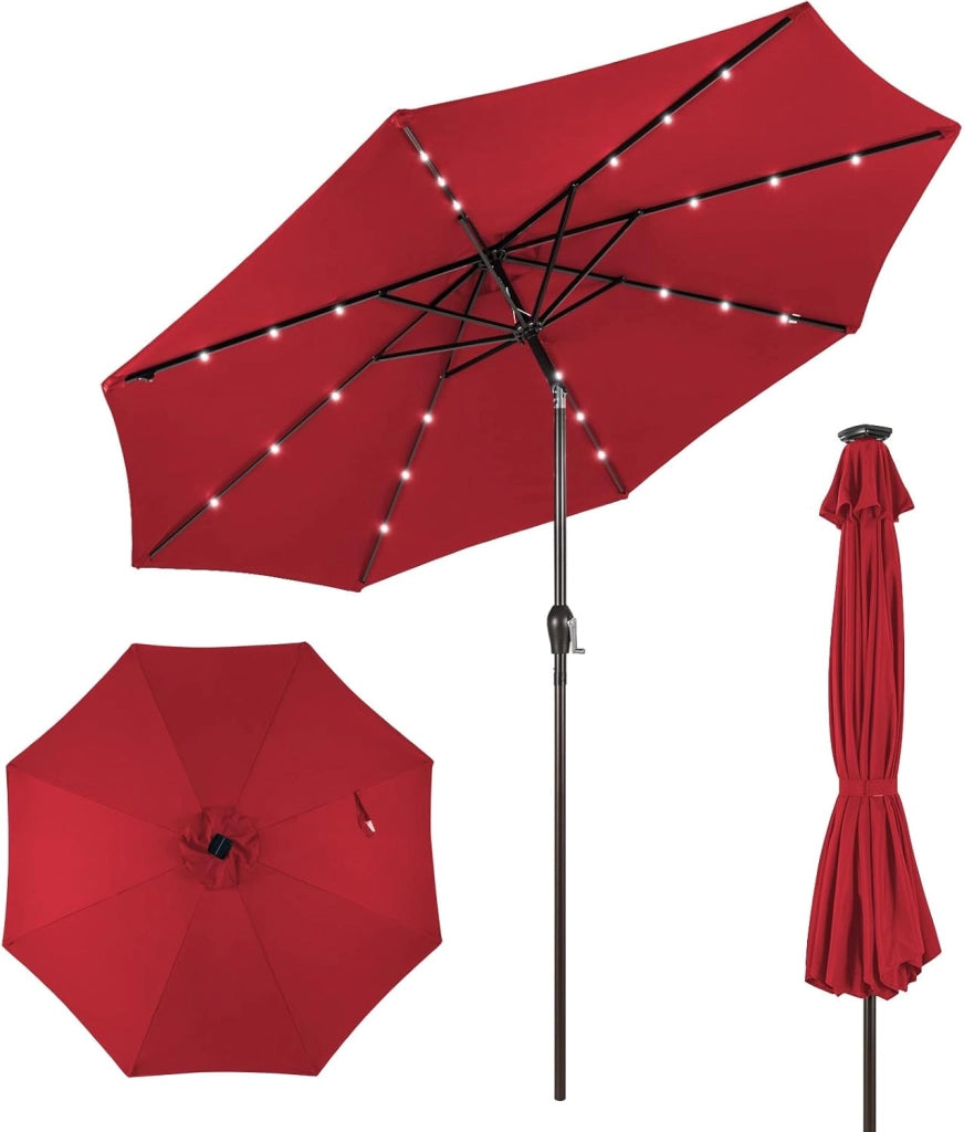 Ombrellone da Giardino 3m, con Luci LED e Manovella, Ombrellone da Balcone Inclinabile Protezione UV, Ombrellone Parasole da Cortile con 8 Osse, per Terrazza, Spiaggia, Piscina