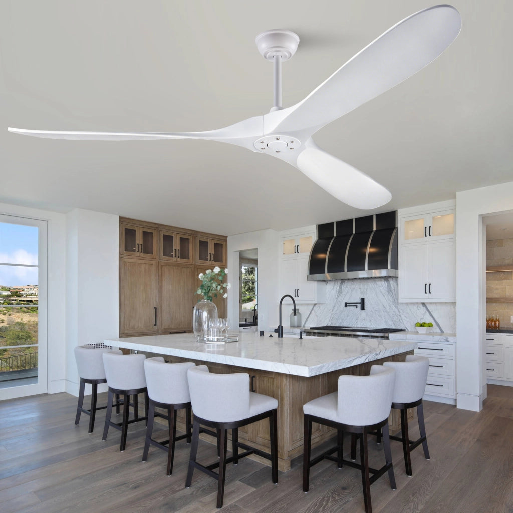 Ventilatore da soffitto bianco design moderno 70 pollici, 3 pale legno massello, senza illuminazione, motore DC reversibile silenzioso