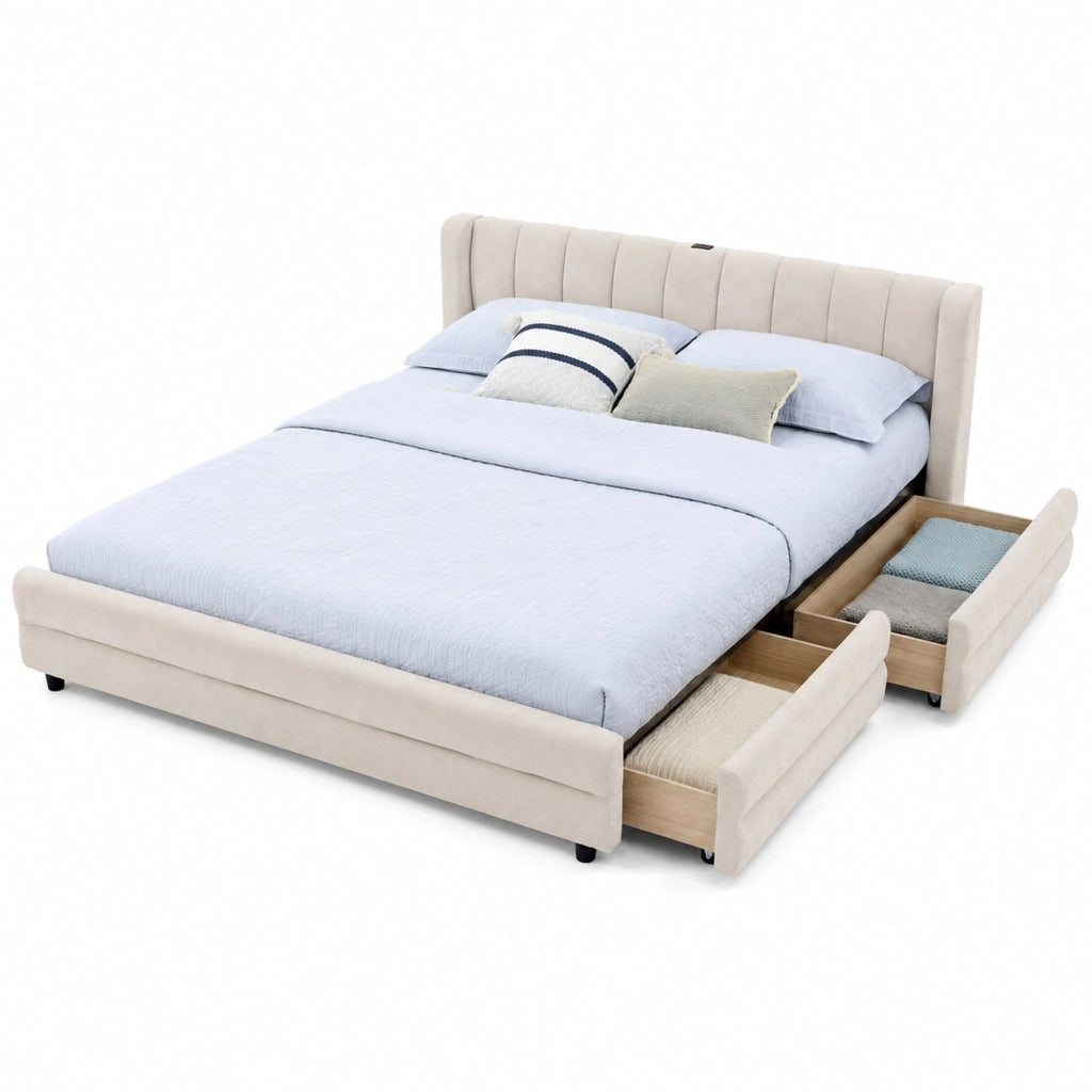 Letto matrimoniale 140x200 cm con 4 cassetti; USB e Type C; in tessuto Chenille beige