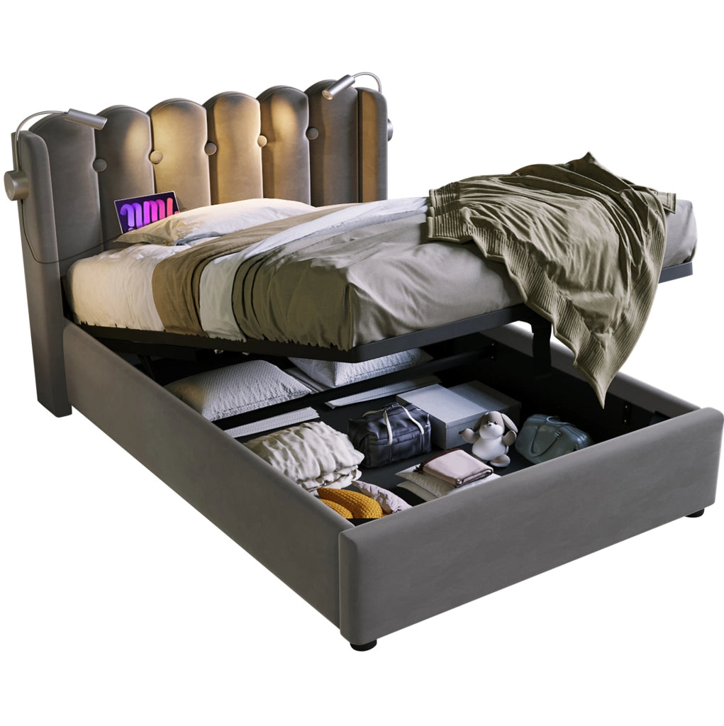 Letto singolo imbottito 90x200 con LED USB e contenitore