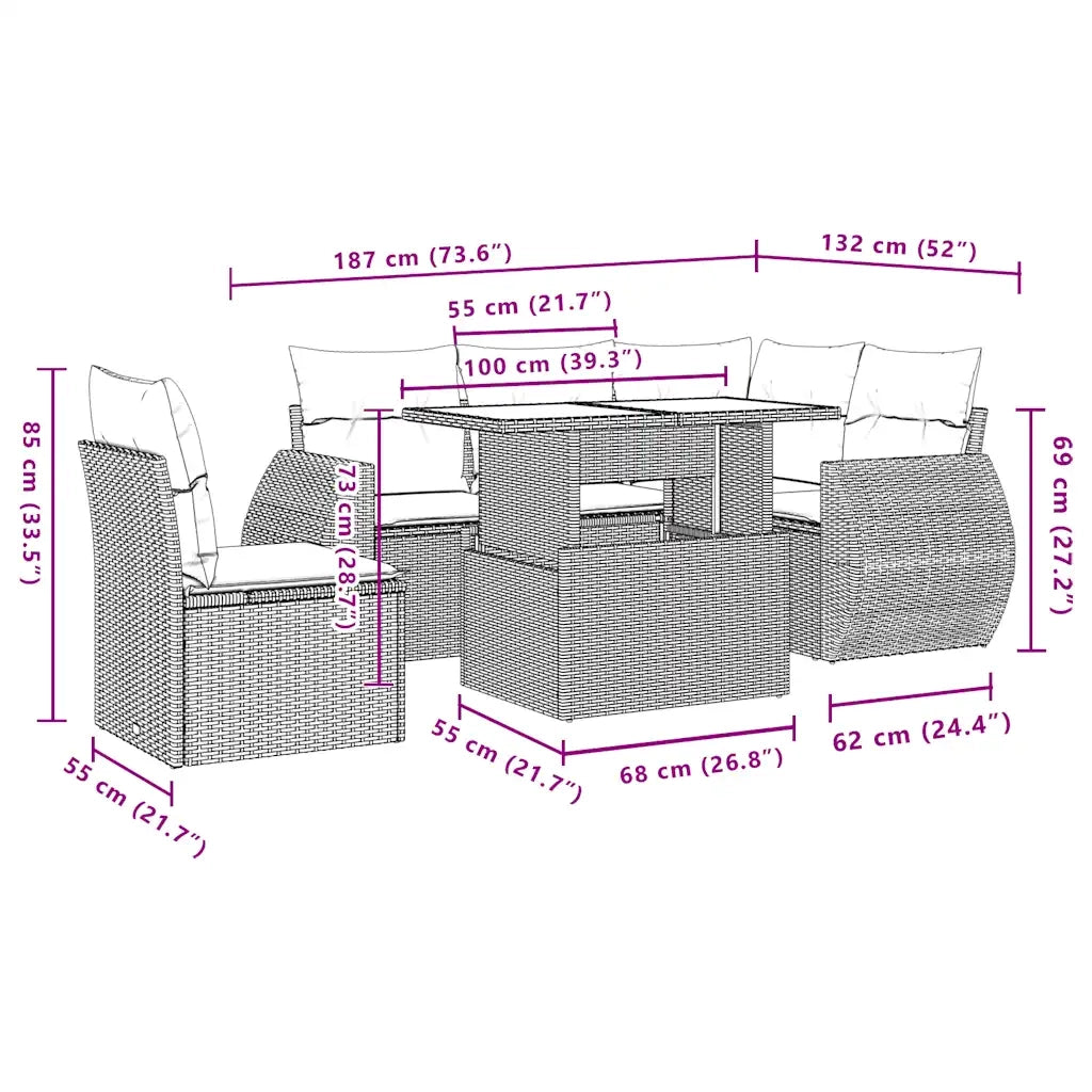 Set Divani da Giardino 6 pz con Cuscini Grigio in Polyrattan 3268541