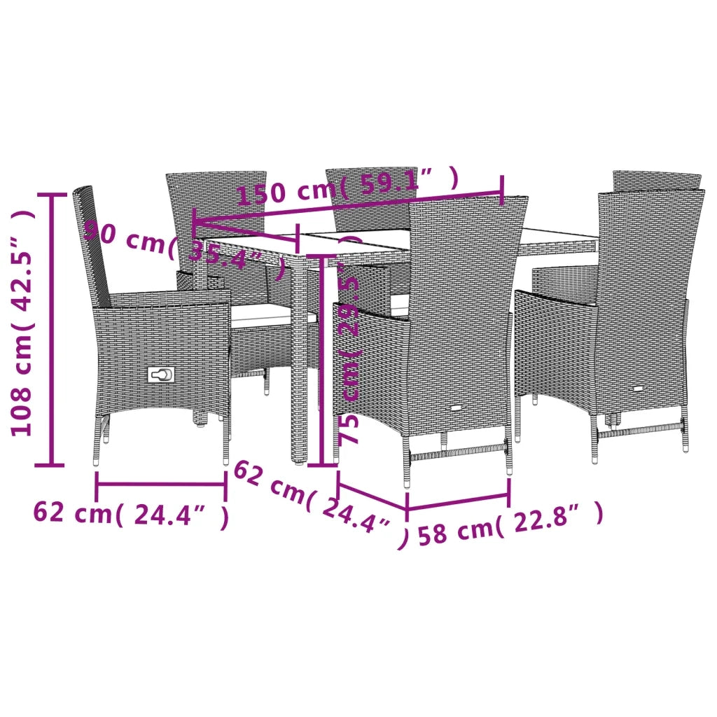Set da Pranzo da Giardino 7 pz con Cuscini Beige in Polyrattan 3277574