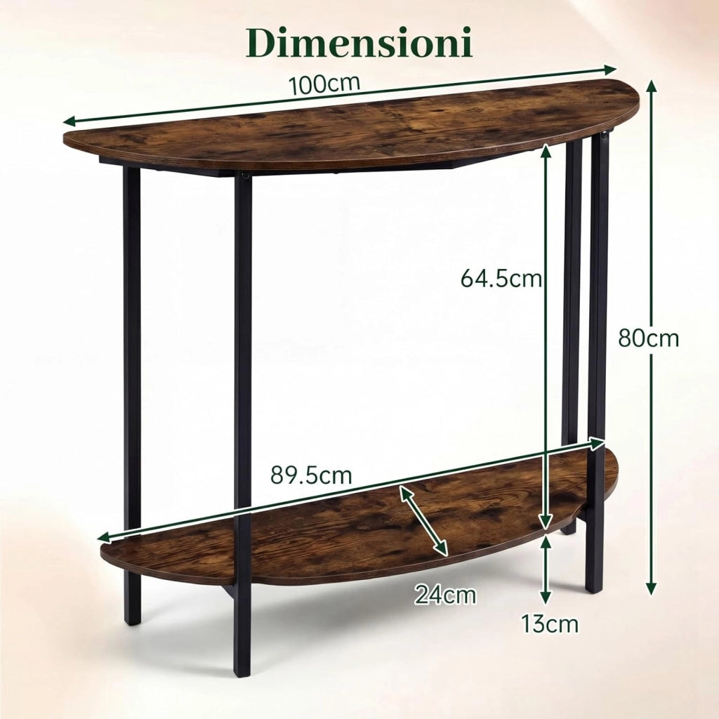 Consolle Ingresso 100 cm, Tavolo d’Ingresso a Forma di Mezzaluna con Doppio Ripiano Aperto, Tavolo Consolle Sottile e Salvaspazio per Salotto, Corridoio e Entrata