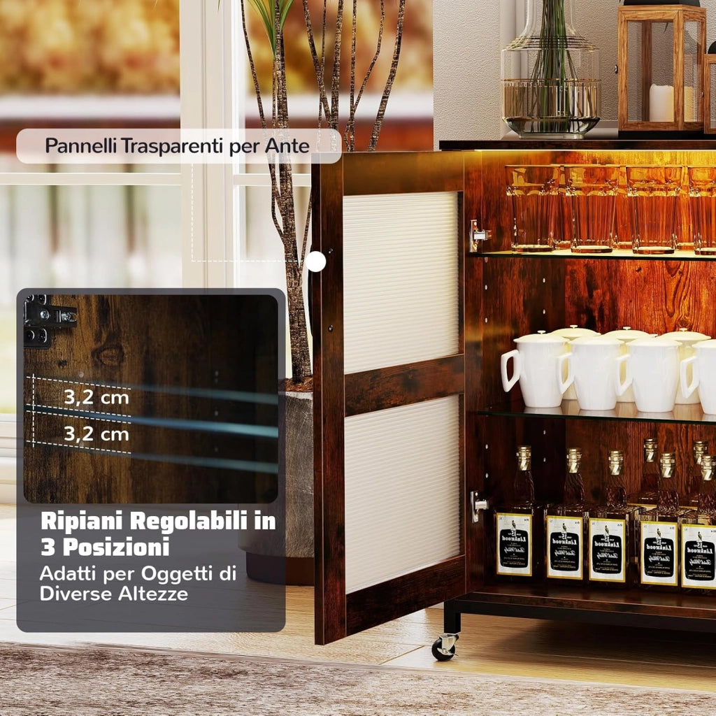 Mobile Bar per Vino con Luce LED, Credenza Buffet da Cucina con Ruote, Ripiani Regolabili, Supporti per Bicchieri e Bottiglie, per Sala da Pranzo e Soggiorno, 108 × 40 × 81 cm