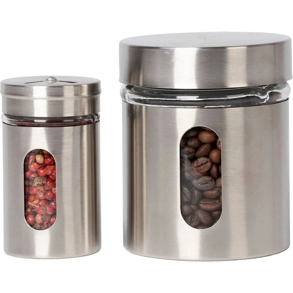 Trade Shop - Set 8 Pezzi Barattoli Portaspezie In Vetro Acciaio Inox Con Stand Cucina -