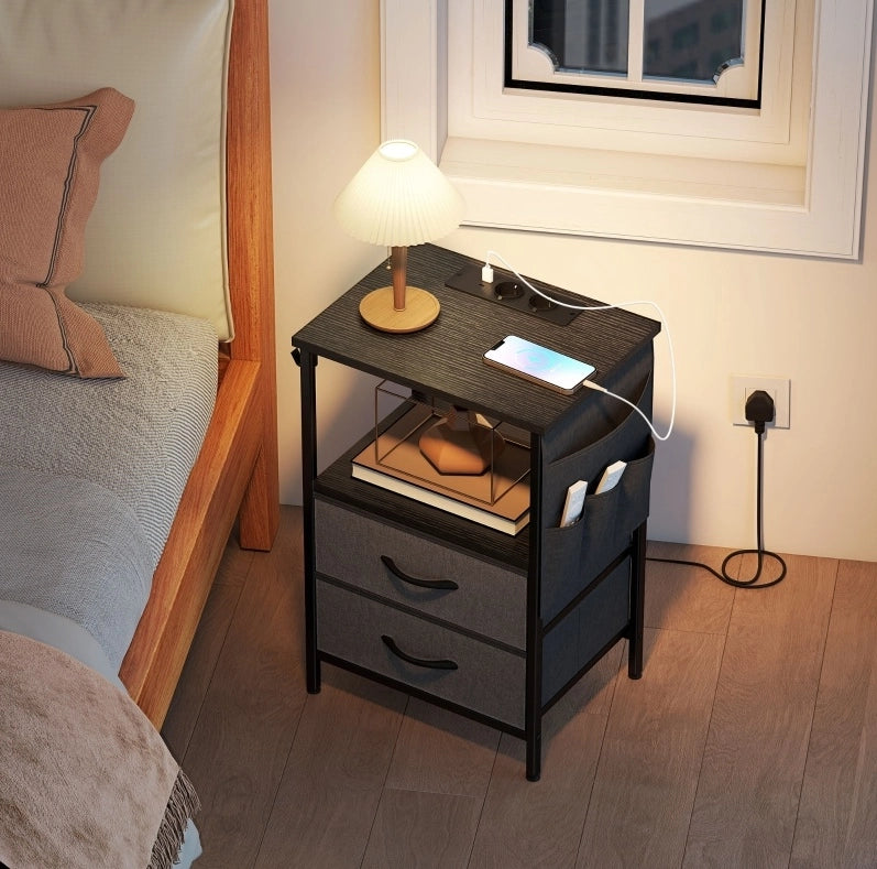 Tavolino da Divano con Prese AC; USB-A e USB-C; 2 Cassetti; 40x30x60 cm Nero