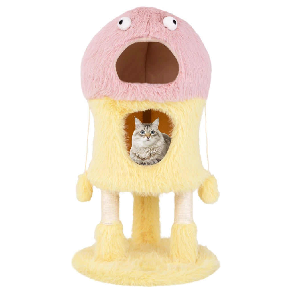 Albero per gatti con piuma morbida e lunga palo per graffio in sisal, Adorabile torre di gatti a tema mostro Rosa-Alberi Tiragraffi