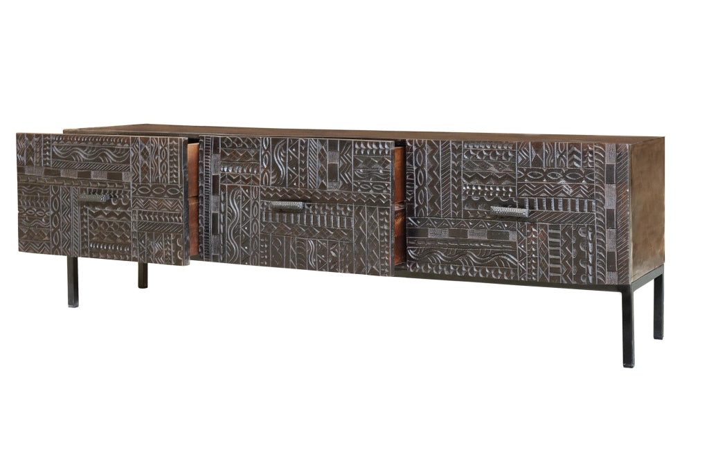 Credenza a 3 ante in massello di mango intagliato e piedi in metallo