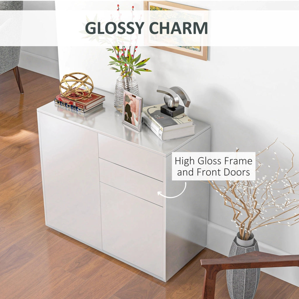 Credenza Moderna con 2 Armadietti e 2 Cassetti con Apertura a Pressione 79x36x74 cm  Bianco Lucido